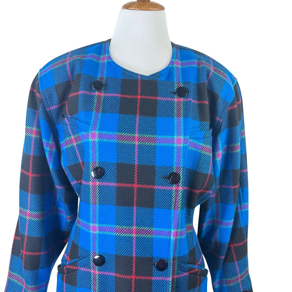 Escada‎ Margaretha Ley Vintage Blue Plaid Wool Cashmere Blazer Jacket Womens 42 - Picture 3 of 10